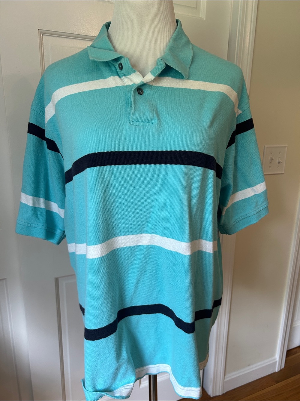 Izod Aqua Striped Polo with Navy & White Bands